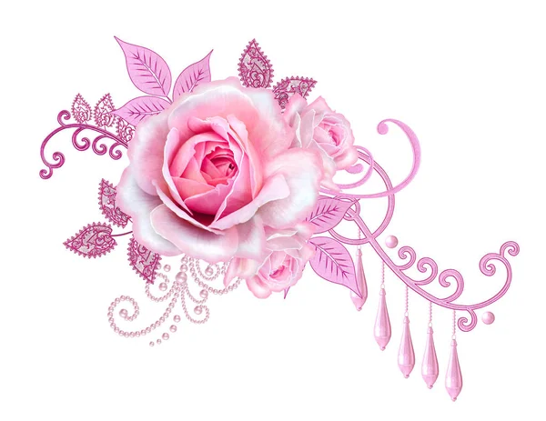 装饰装饰 派斯利元素 精致的纹理叶子制成的精致花边 宝石般闪亮的卷发 花蕾粉红色的玫瑰 开口织造精致 — 图库照片