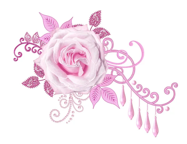 装飾的な装飾 ペーズリーの要素 細かいレースの繊細な質感の葉 光沢のあるカール 芽ピンク ローズ宝石で飾られました 繊細な織りの透かし彫り — ストック写真