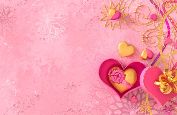 3D render. Kompozisyon şekil hacimsel parlak kalp, pembe, altın, Sevgililer günü veya düğün günü romantik Temalar için parti, olaylar.