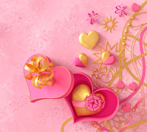 Darstellung Zusammensetzung Figur Volumetrische Brillante Herz Rosa Gold Valentinstag Oder — Stockfoto