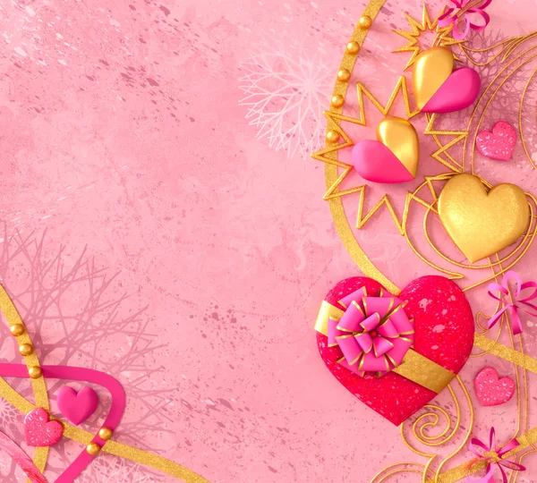 Рендеринг Состав Фигуры Объемный Блестящий Сердце Розовый Золото День Святого — стоковое фото