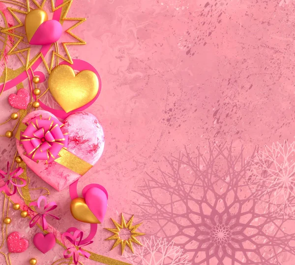 Renderizado Figura Composición Volumétrica Brillante Corazón Rosa Oro San Valentín — Foto de Stock