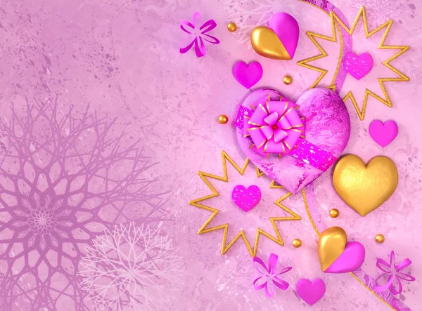 Rendering Σύνθεση Σχήμα Ογκομετρική Λαμπρή Καρδιά Ροζ Χρυσό Ημέρα Του — Φωτογραφία Αρχείου