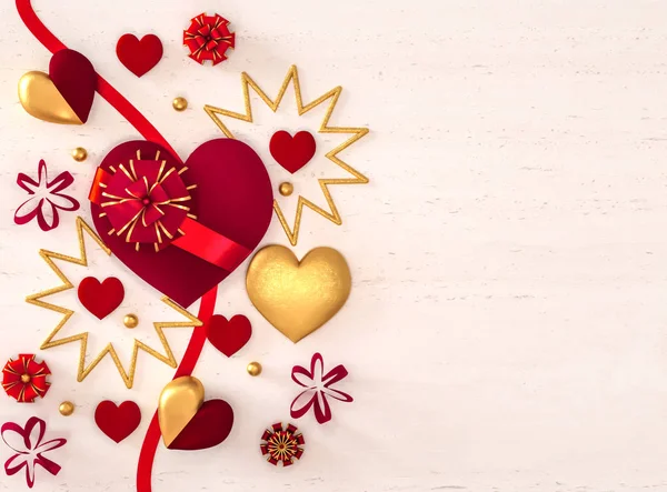 Renderizado Figura Composición Volumétrica Brillante Corazón Rojo Oro San Valentín — Foto de Stock