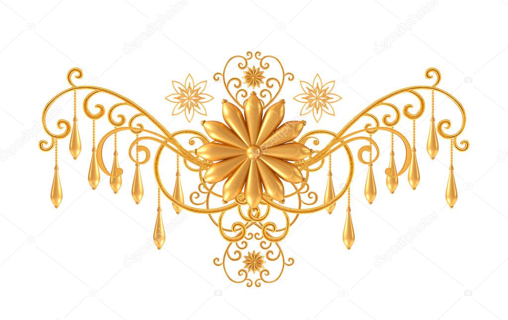 Golden textured curls. Oriental style arabesques. Brilliant lace, stylized flowers. Openwork weaving delicate, golden background.