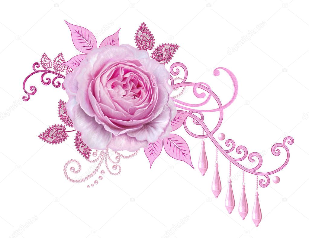Decorative decoration, paisley element, delicate textured leaves made of fine lace. Jeweled shiny curls, bud pink rose. Openwork weaving delicate.