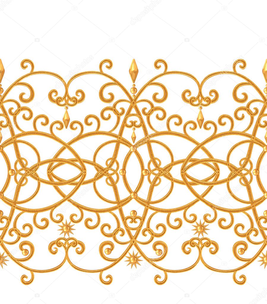 Seamless pattern. Golden textured curls. Oriental style arabesques. Brilliant lace, stylized flowers. Openwork weaving delicate, golden background.