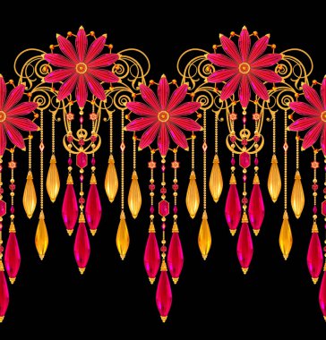 3D render. Altın stilize çiçekler, narin parlak bukleler, desenli öğesi, seamless modeli. Oryantal tarzı Arabesk. Parlak dantel. Narin, ahududu kolye zincir halinde dokuma Ajur.