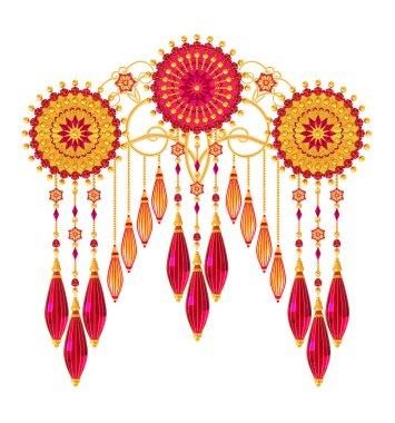 3D render. Altın stilize çiçekler, narin parlak bukleler, desenli öğesi. Oryantal tarzı Arabesk. Parlak dantel. Narin, ahududu kolye zincir halinde dokuma Ajur.