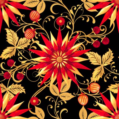 3D render. Altın stilize çiçekler, narin parlak bukleler, desenli öğesi, seamless modeli. Oryantal tarzı Arabesk. Parlak dantel. Narin, altın arka plan dokuma Ajur.