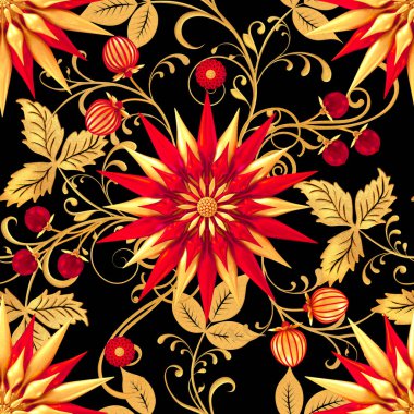 3D render. Altın stilize çiçekler, narin parlak bukleler, desenli öğesi, seamless modeli. Oryantal tarzı Arabesk. Parlak dantel. Narin, altın arka plan dokuma Ajur.