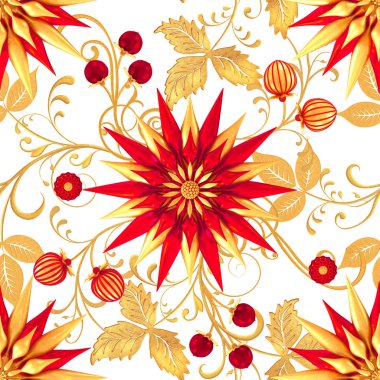 3D render. Altın stilize çiçekler, narin parlak bukleler, desenli öğesi, seamless modeli. Oryantal tarzı Arabesk. Parlak dantel. Narin, altın arka plan dokuma Ajur.