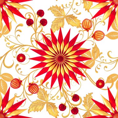 3D render. Altın stilize çiçekler, narin parlak bukleler, desenli öğesi, seamless modeli. Oryantal tarzı Arabesk. Parlak dantel. Narin, altın arka plan dokuma Ajur.