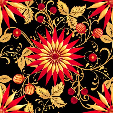 3D render. Altın stilize çiçekler, narin parlak bukleler, desenli öğesi, seamless modeli. Oryantal tarzı Arabesk. Parlak dantel. Narin, altın arka plan dokuma Ajur.