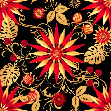 3D render. Altın stilize çiçekler, narin parlak bukleler, desenli öğesi, seamless modeli. Oryantal tarzı Arabesk. Parlak dantel. Narin, altın arka plan dokuma Ajur.