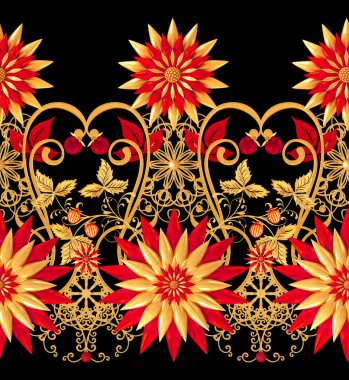 3D render. Altın stilize çiçekler, narin parlak bukleler, desenli öğesi, seamless modeli. Oryantal tarzı Arabesk. Parlak dantel. Narin, altın arka plan dokuma Ajur.