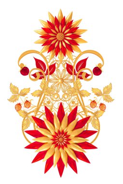 3D render. Altın dokulu bukleler. Oryantal tarzı Arabesk. Parlak dantel, stilize çiçekler. Narin, altın arka plan dokuma Ajur.