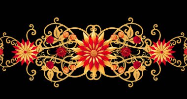 3D render. Altın stilize çiçekler, narin parlak bukleler, desenli öğesi, seamless modeli. Oryantal tarzı Arabesk. Parlak dantel. Narin, altın arka plan dokuma Ajur.