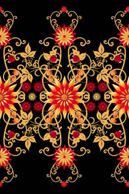 3D render. Altın stilize çiçekler, narin parlak bukleler, desenli öğesi, seamless modeli. Oryantal tarzı Arabesk. Parlak dantel. Narin, altın arka plan dokuma Ajur.