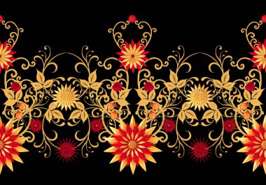 3D render. Altın stilize çiçekler, narin parlak bukleler, desenli öğesi, seamless modeli. Oryantal tarzı Arabesk. Parlak dantel. Narin, altın arka plan dokuma Ajur.