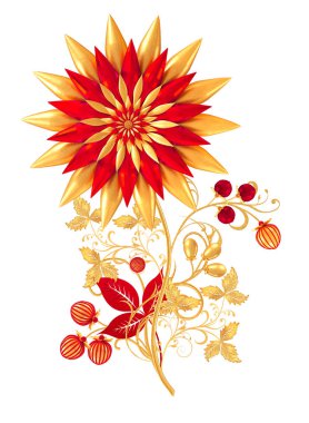 3D render. Altın dokulu bukleler. Oryantal tarzı Arabesk. Parlak dantel, stilize çiçekler. Narin, altın arka plan dokuma Ajur.