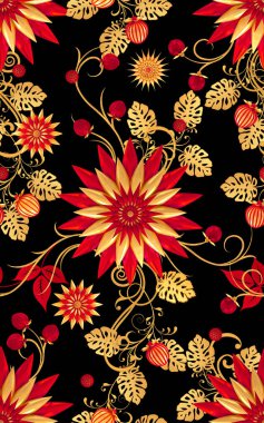 3D render. Altın stilize çiçekler, narin parlak bukleler, desenli öğesi, seamless modeli. Oryantal tarzı Arabesk. Parlak dantel. Narin, altın arka plan dokuma Ajur.