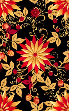 3D render. Altın stilize çiçekler, narin parlak bukleler, desenli öğesi, seamless modeli. Oryantal tarzı Arabesk. Parlak dantel. Narin, altın arka plan dokuma Ajur.