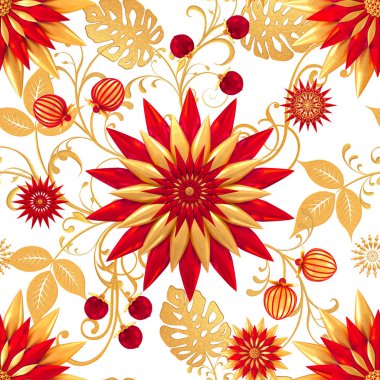 3D render. Altın stilize çiçekler, narin parlak bukleler, desenli öğesi, seamless modeli. Oryantal tarzı Arabesk. Parlak dantel. Narin, altın arka plan dokuma Ajur.