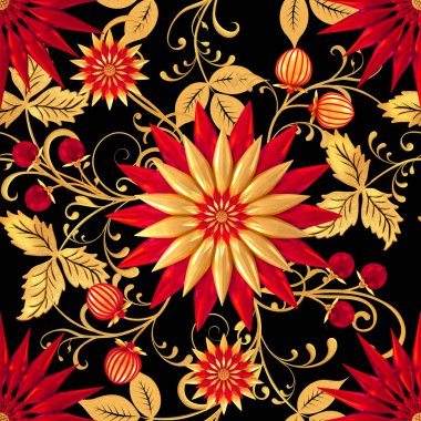 3D render. Altın stilize çiçekler, narin parlak bukleler, desenli öğesi, seamless modeli. Oryantal tarzı Arabesk. Parlak dantel. Narin, altın arka plan dokuma Ajur.