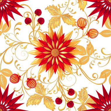 3D render. Altın stilize çiçekler, narin parlak bukleler, desenli öğesi, seamless modeli. Oryantal tarzı Arabesk. Parlak dantel. Narin, altın arka plan dokuma Ajur.