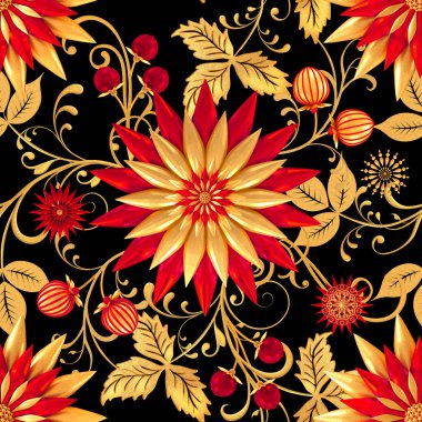 3D render. Altın stilize çiçekler, narin parlak bukleler, desenli öğesi, seamless modeli. Oryantal tarzı Arabesk. Parlak dantel. Narin, altın arka plan dokuma Ajur.