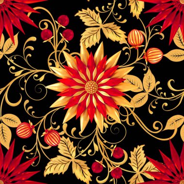 3D render. Altın stilize çiçekler, narin parlak bukleler, desenli öğesi, seamless modeli. Oryantal tarzı Arabesk. Parlak dantel. Narin, altın arka plan dokuma Ajur.