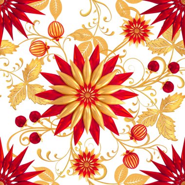 3D render. Altın stilize çiçekler, narin parlak bukleler, desenli öğesi, seamless modeli. Oryantal tarzı Arabesk. Parlak dantel. Narin, altın arka plan dokuma Ajur.