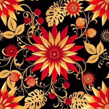 3D render. Altın stilize çiçekler, narin parlak bukleler, desenli öğesi, seamless modeli. Oryantal tarzı Arabesk. Parlak dantel. Narin, altın arka plan dokuma Ajur.