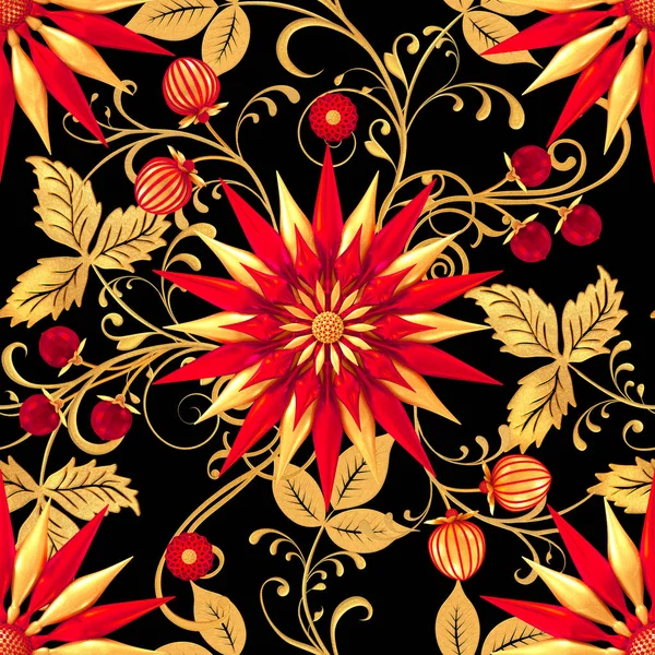 3D render. Altın stilize çiçekler, narin parlak bukleler, desenli öğesi, seamless modeli. Oryantal tarzı Arabesk. Parlak dantel. Narin, altın arka plan dokuma Ajur.