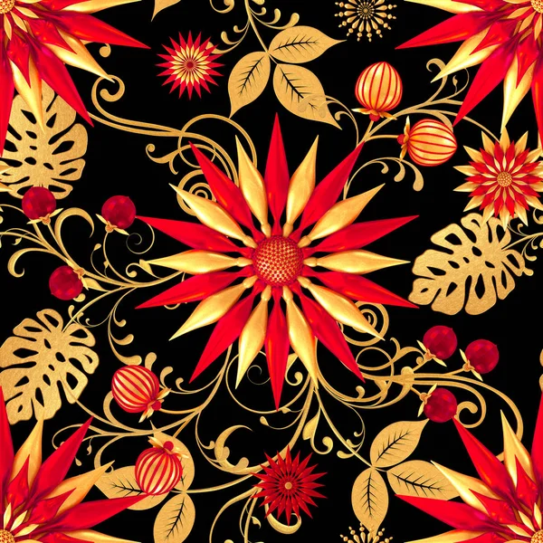 3D render. Altın stilize çiçekler, narin parlak bukleler, desenli öğesi, seamless modeli. Oryantal tarzı Arabesk. Parlak dantel. Narin, altın arka plan dokuma Ajur.