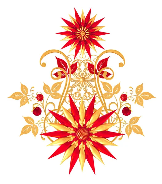 3D render. Altın dokulu bukleler. Oryantal tarzı Arabesk. Parlak dantel, stilize çiçekler. Narin, altın arka plan dokuma Ajur.