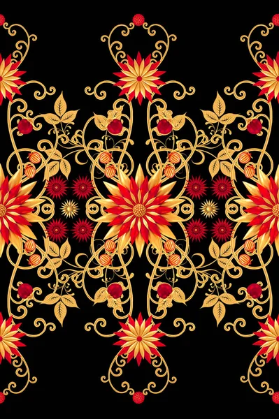 Rendering Golden Stiliserade Blommor Fina Blanka Lockar Paisley Element Sömlösa — Stockfoto