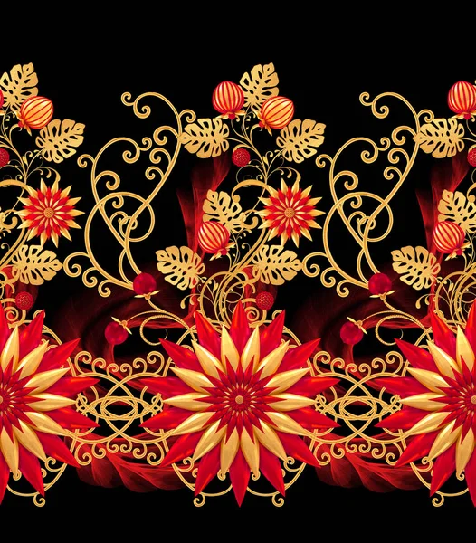 Rendering Golden Stiliserade Blommor Fina Blanka Lockar Paisley Element Sömlösa — Stockfoto