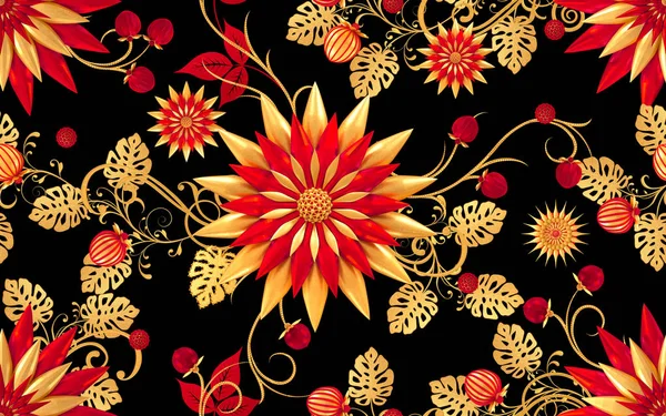 3D render. Altın stilize çiçekler, narin parlak bukleler, desenli öğesi, seamless modeli. Oryantal tarzı Arabesk. Parlak dantel. Narin, altın arka plan dokuma Ajur.