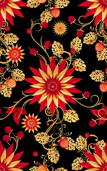 3D render. Altın stilize çiçekler, narin parlak bukleler, desenli öğesi, seamless modeli. Oryantal tarzı Arabesk. Parlak dantel. Narin, altın arka plan dokuma Ajur.