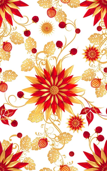 3D render. Altın stilize çiçekler, narin parlak bukleler, desenli öğesi, seamless modeli. Oryantal tarzı Arabesk. Parlak dantel. Narin, altın arka plan dokuma Ajur.