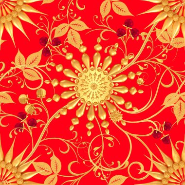 3D render. Altın stilize çiçekler, narin parlak bukleler, desenli öğesi, seamless modeli. Oryantal tarzı Arabesk. Parlak dantel. Narin, altın arka plan dokuma Ajur.