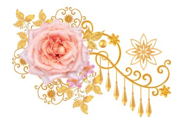 Dekoratif dekorasyon, desenli eleman, hassas dokulu yaprakları güzel dantel yapılmış. Parlak bukleler, bud pembe Gül jeweled. Hassas dokuma Ajur.