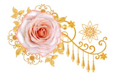Dekoratif dekorasyon, desenli eleman, hassas dokulu yaprakları güzel dantel yapılmış. Parlak bukleler, bud pembe Gül jeweled. Hassas dokuma Ajur.