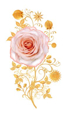 Dekoratif dekorasyon, desenli eleman, hassas dokulu yaprakları güzel dantel yapılmış. Parlak bukleler, bud pembe Gül jeweled. Hassas dokuma Ajur.