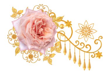 Dekoratif dekorasyon, desenli eleman, hassas dokulu yaprakları güzel dantel yapılmış. Parlak bukleler, bud pembe Gül jeweled. Hassas dokuma Ajur.