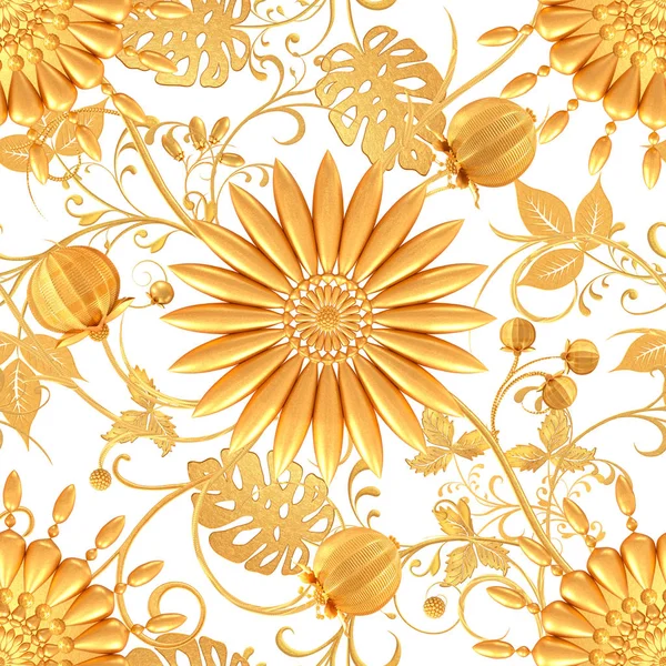 Renderizado Flores Estilizadas Doradas Delicados Rizos Brillantes Elemento Paisley Patrón —  Fotos de Stock