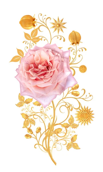装飾的な装飾 ペーズリーの要素 細かいレースの繊細な質感の葉 光沢のあるカール 芽ピンク ローズ宝石で飾られました 繊細な織りの透かし彫り — ストック写真