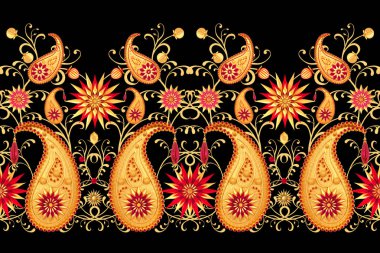 3D render. Altın stilize çiçekler, narin parlak bukleler, desenli öğesi, seamless modeli. Oryantal tarzı Arabesk. Parlak dantel, Türk, Hint salatalık.